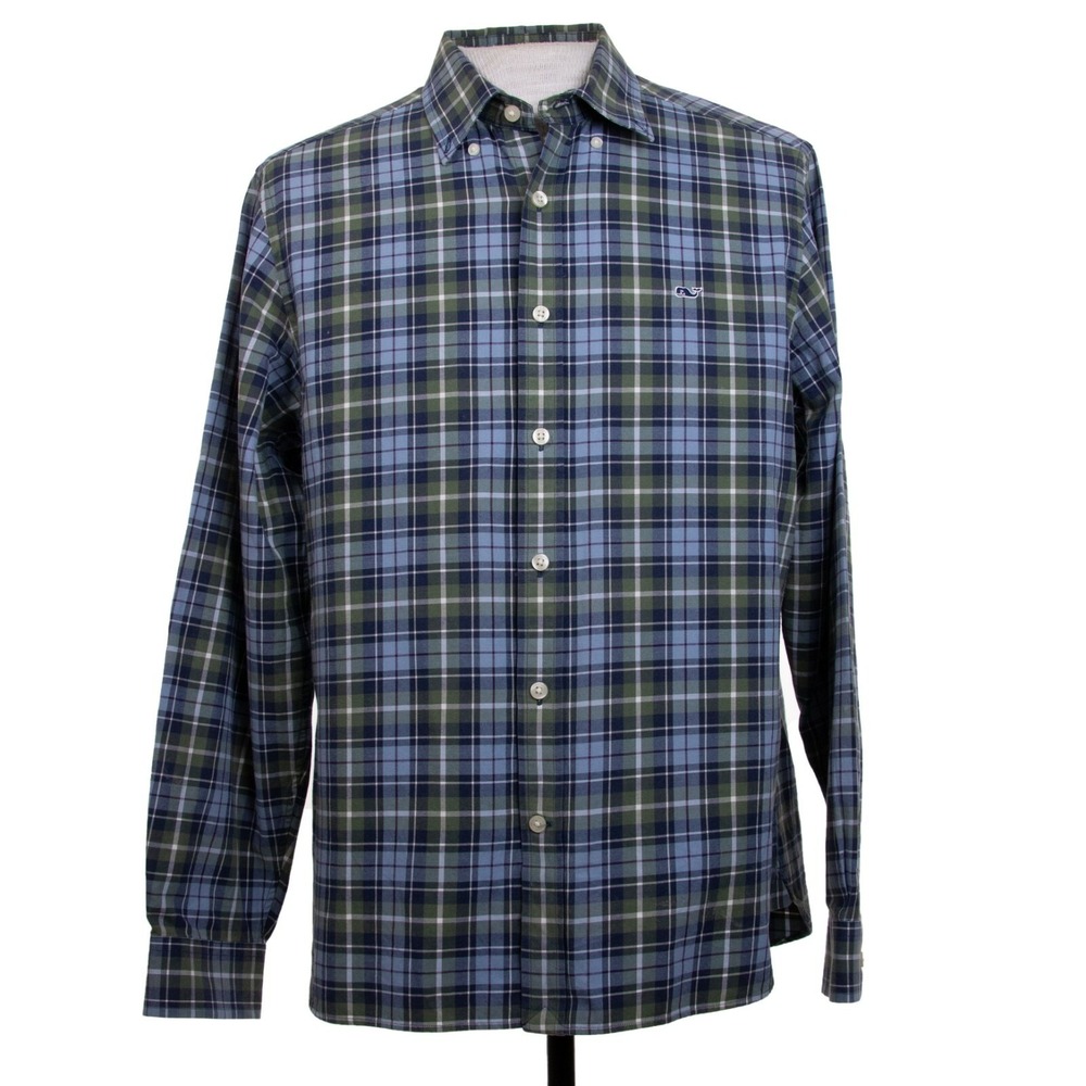 Vineyard Vines Collegiate Shirt Mens Medium Blue‎ Green Plaid Cotton Button Down
